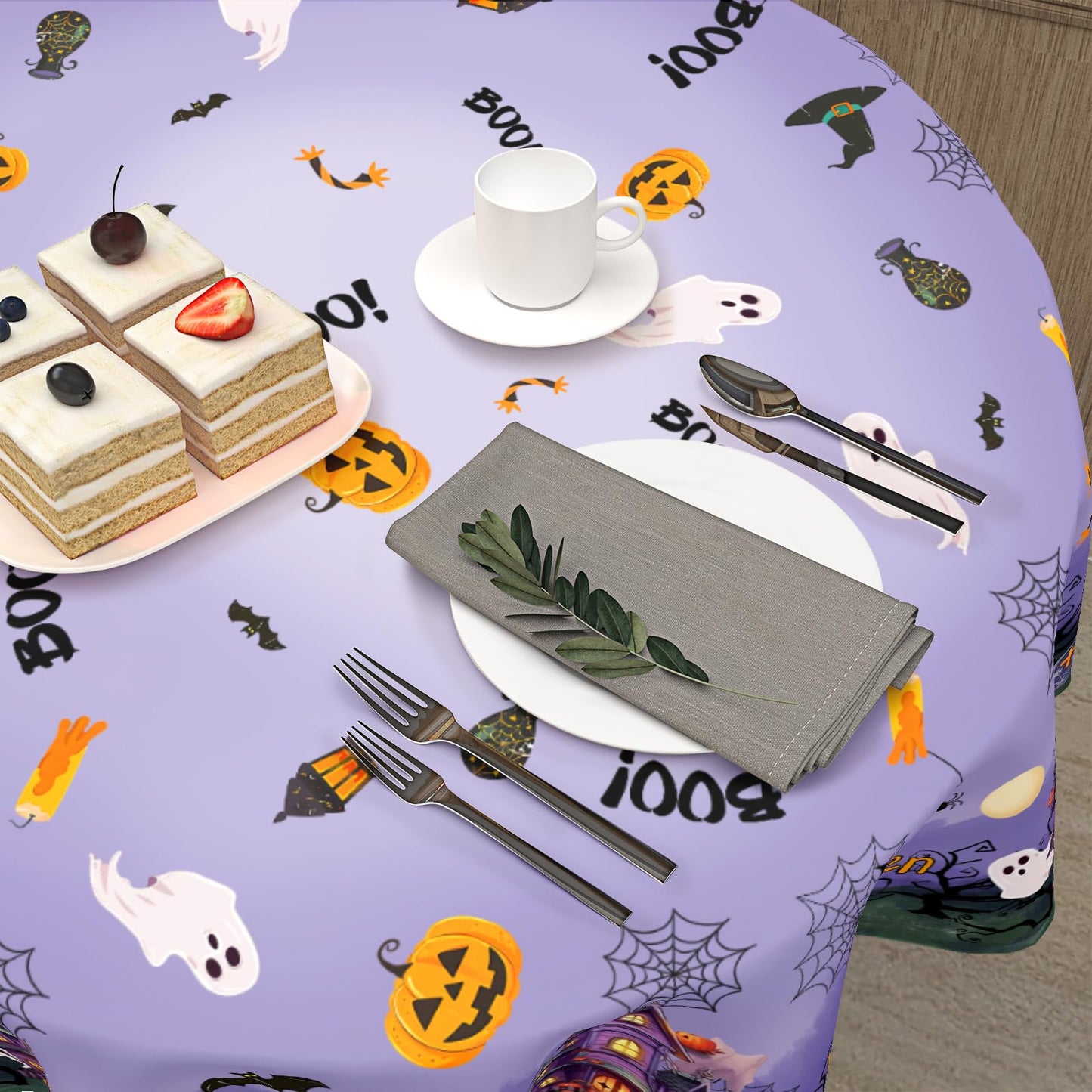 Barneova Halloween Tablecloth Round 60 Inch Spider Web Pumpkin Decoration Outdoor Table Cloth Purple Rustic Table Cover for Dining Kitchen Holiday Party Picnic Home Halloween Party Decor