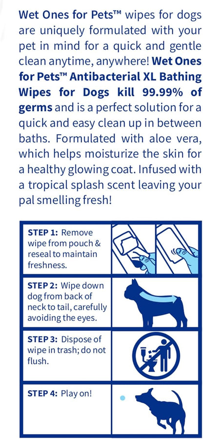 Wet Ones for Pets Multipurpose Dog Wipes with Aloe Vera, Tropical Splash Scent - Extra Large Pet Bathing Wipes with Wet Lock Seal for Paws and All-Over Use, 10 Count