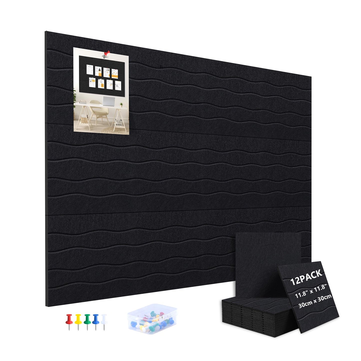AKONEGE Felt Bulletin Board Tiles 12 Pack, 48" x 36" Cork Board Alternative, DIY Pin Board Wall Tiles for Photo Wall, Vision Board, Dorm Room & Home Office Decor, Stick-On with Adhesive Tabs, Black