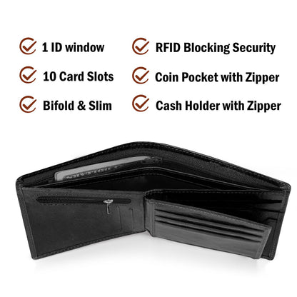LYOOMALL Wallet for Men, Large Capacity Genuine Leather RFID Blocking Bifold Wallet/Credit Card Holder for Men, with Coin Pocket, Zipper Cash Pocket, ID Window and 10 Card Slots (Black)
