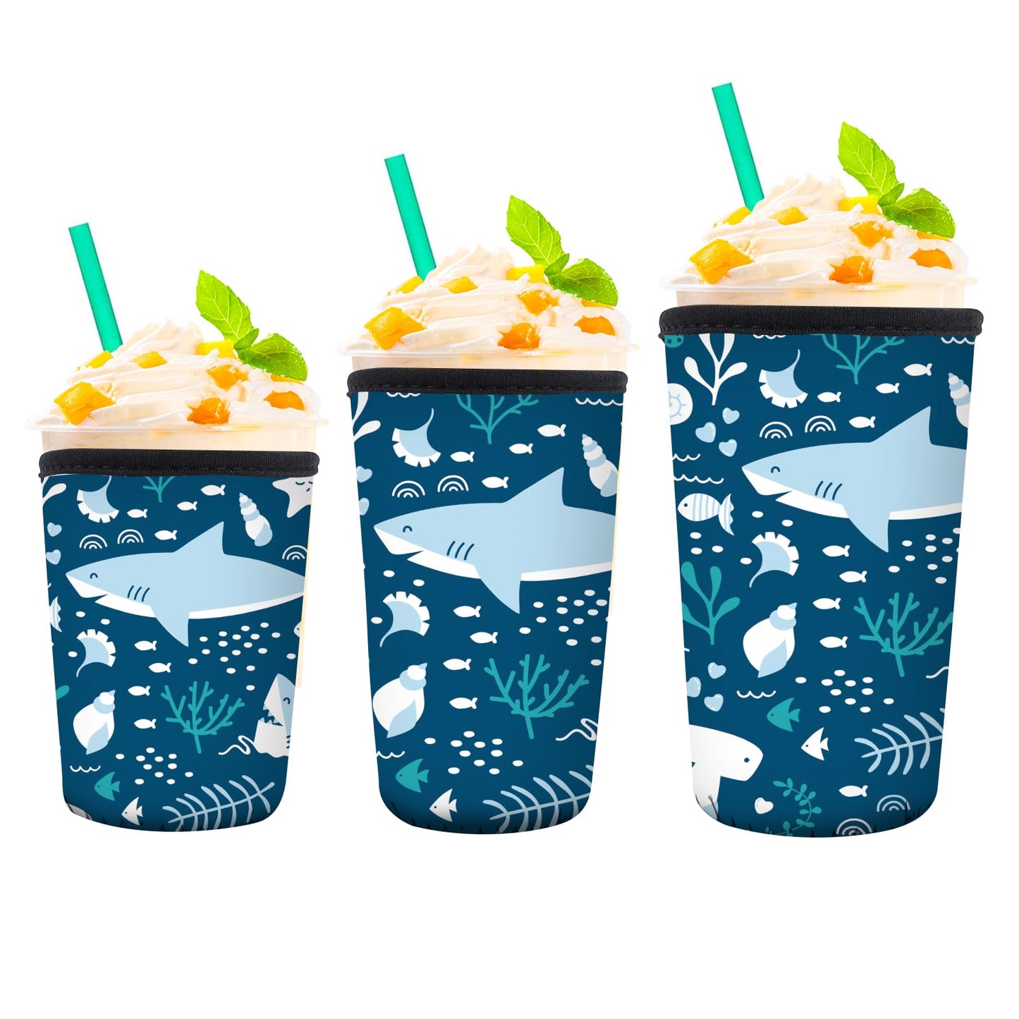 AUHIWDO 3 Pack Reusable Neoprene Insulator Sleeve for Iced Coffee Cups, Durable Drink Sleeve for Cold Hot Beverages Compatible with 16-32OZ Cute Blue Sharks