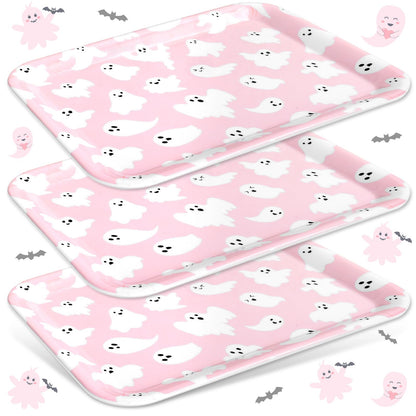 JarThenaAMCS 3Pcs Halloween Serving Trays Pink Ghost Platter Cute Ghost Reusable Serving Dishes for Birthday Baby Shower Party Sharing Snacks Fruit Dessert, 13 x 10 Inch
