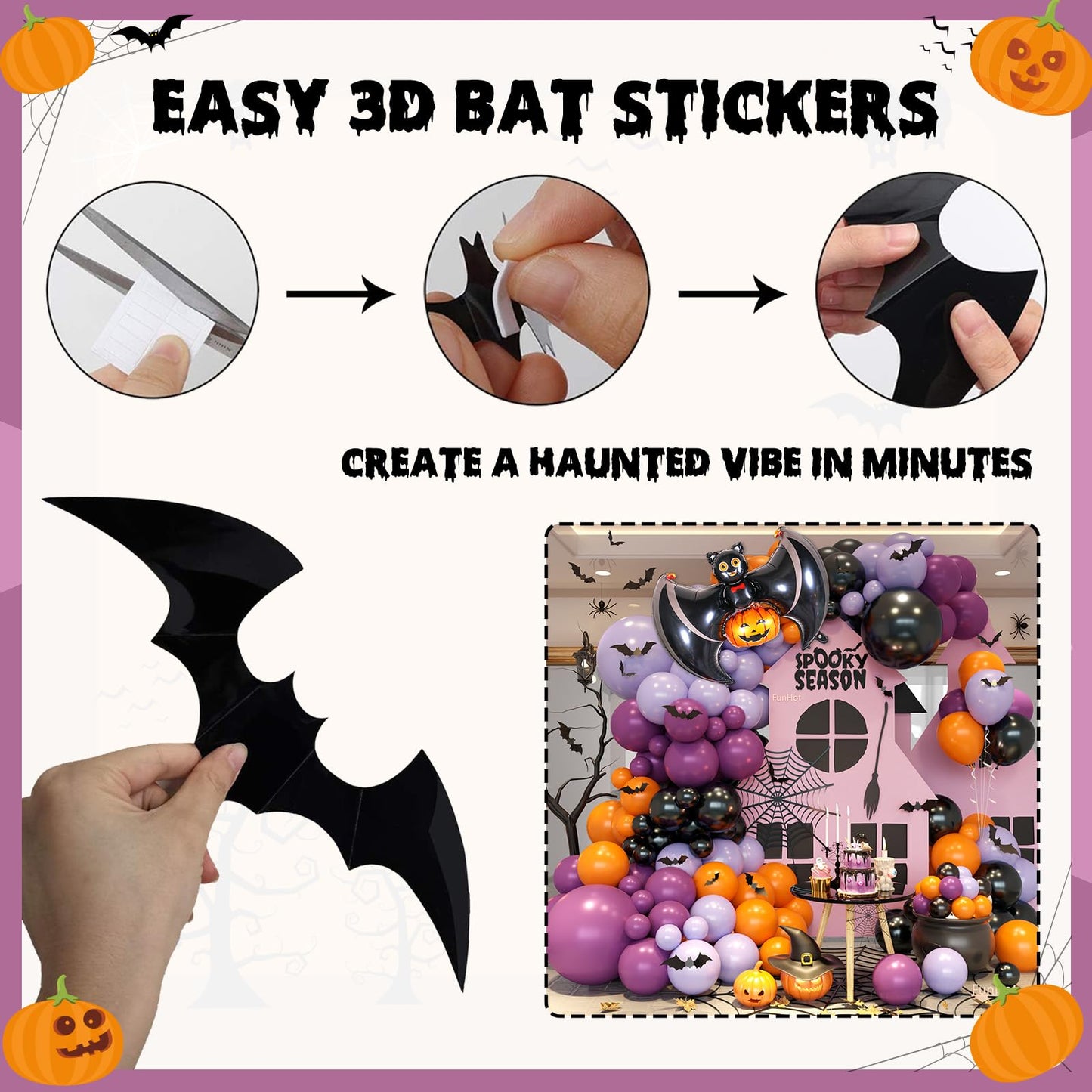 Halloween Balloon Arch Garland, Pink Purple Balloons with Star Cute Ghost Boo Foil Balloon, Metallic Purple Pink Black Latex Balloons Bat Stickers for Kids Girls Birthday Halloween Party Decorations
