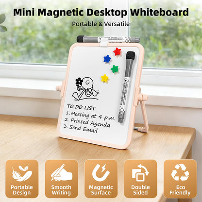 FUNISKETCH Colorful Dry Erase White Board 6.7x8.4in, Magnetic Desktop Board with Stand, 2 Markers (Eraser Head), 4 Magnets - Double-Sided Easel for Daily Planning, Memo, Office/Home/School (Pink)