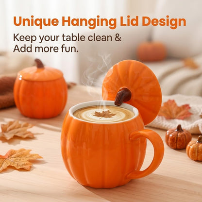 1PCS Ceramic Pumpkin Mug with Lid, 14oz Orange Coffee Mug for Fall & Autumn, Cute Halloween Coffee Cup for Tea and Hot Cocoa, Microwave Safe Novelty Gift for Women, Friends, and Family (Pumpkin-1PCS)