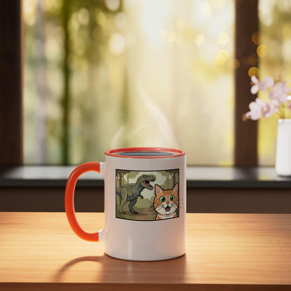 Mythical & Prehistoric Cat Vs Comic Panel Dinosaur Art Ceramic Mug, Orange/White