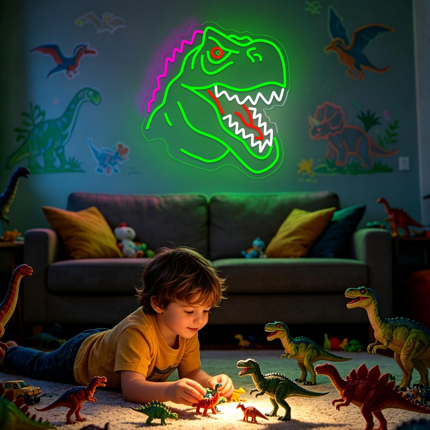 Dinosaur Neon Sign Lights for Wall Decor, T-REX LED Sign for Room and Man Cave Decor, Dimmable Powered LED Signs for Bedroom, Man Cave Party, Birthday Christmas Gift (T-REX Green)