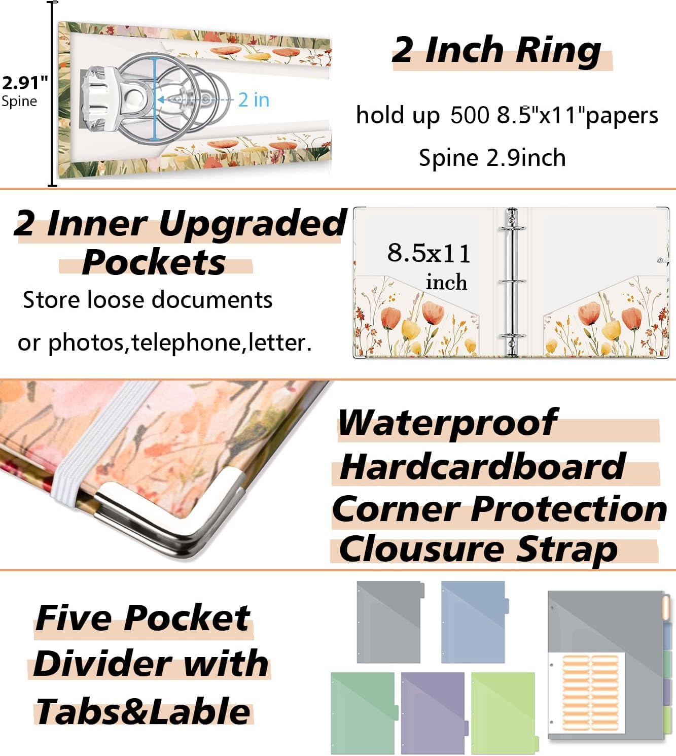 3 Ring Binder 2 Inch for 8.5"x11" Paper, Three Ring Binders with Clipboard, 5 Dividers with Tabs and Pockets, Decorative Binder with Pen Holder,Weed
