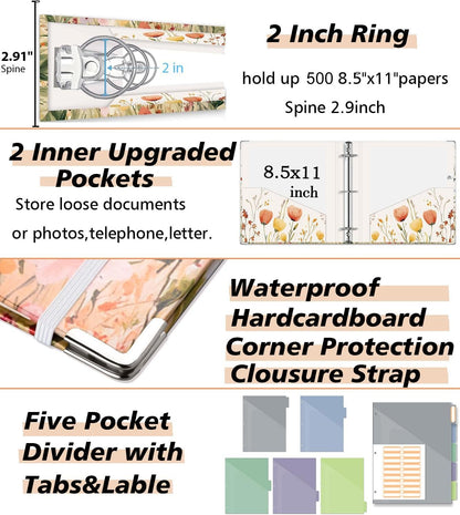 3 Ring Binder 2 Inch for 8.5"x11" Paper, Three Ring Binders with Clipboard, 5 Dividers with Tabs and Pockets, Decorative Binder with Pen Holder,Weed