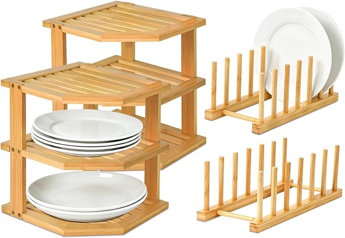 Bamboo Plate Holder Set,3 Tier Corner Shelf & Vertical Plate Stand,Sustainable Dish Organizer for Cabinet,Countertop,Small Space Organization,Durable Dish Rack for Cups,Cutting Boards ,Books - 2 Set