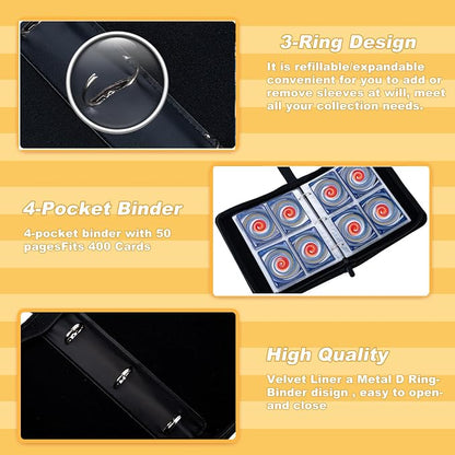 Jravkfi Card Binder 4 Pocket with 50 Removable Sleeves-Can Hold 400 Cards,3-Ring Zipper Sports Book, Ideal for All Card Collectors（Black）