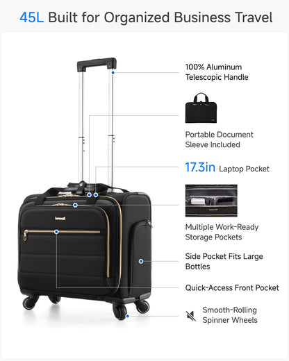 LUGGEX Rolling Laptop Bag with Wheels, 17.3" Soft Sided Laptop Rolling Briefcase with 4 Spinner Wheels - Lightweight Carry On for Business Travel Overnight (UDS-Core, Black, 18 Inch)