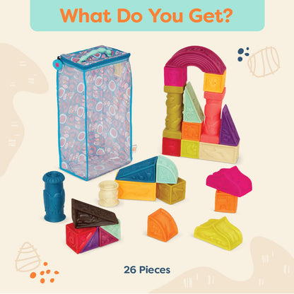 B. toys – Elemenosqueeze – Baby Blocks – 26 Soft Sort & Stack Blocks with Alphabet – Architectural Building Blocks – Shapes, Letters & Animals – 6+ Months