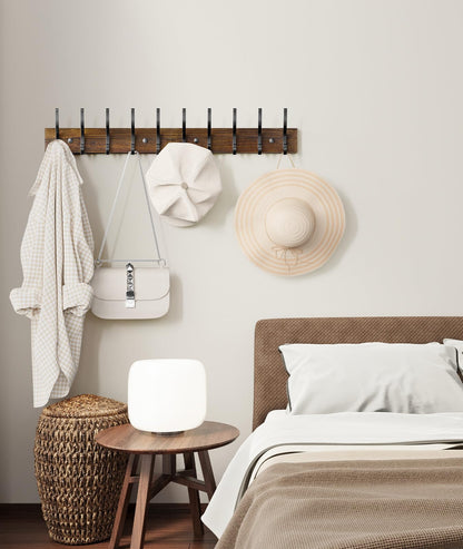 Optish 2 Pack Wooden Coat Rack Wall Mount, 16.1" Rustic Coat Hanger Hooks with 10 Double Hooks, Wall Coat Rack for Hat, Clothes, Bags, Jacket, Brown