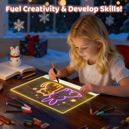 Rechargeable LED Drawing Board for Kids, 13.8 x 10 Dry Erase Board, 4 Modes &7 Colors Glowing Doodle Note Board, Include Hanging Chain, 2 Stands, 8 Markers, Spray Bottle, Cleaning Cloth, Girls Gifts