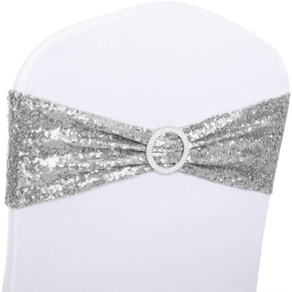 SINSSOWL Pack of 100 Spandex Sequin Silver Chair Sashes for Wedding, Chairs Bands Buckles for Party Folding Chairs Fiesta Baby Shower Christmas Decor - Silver Chair Sash Bows
