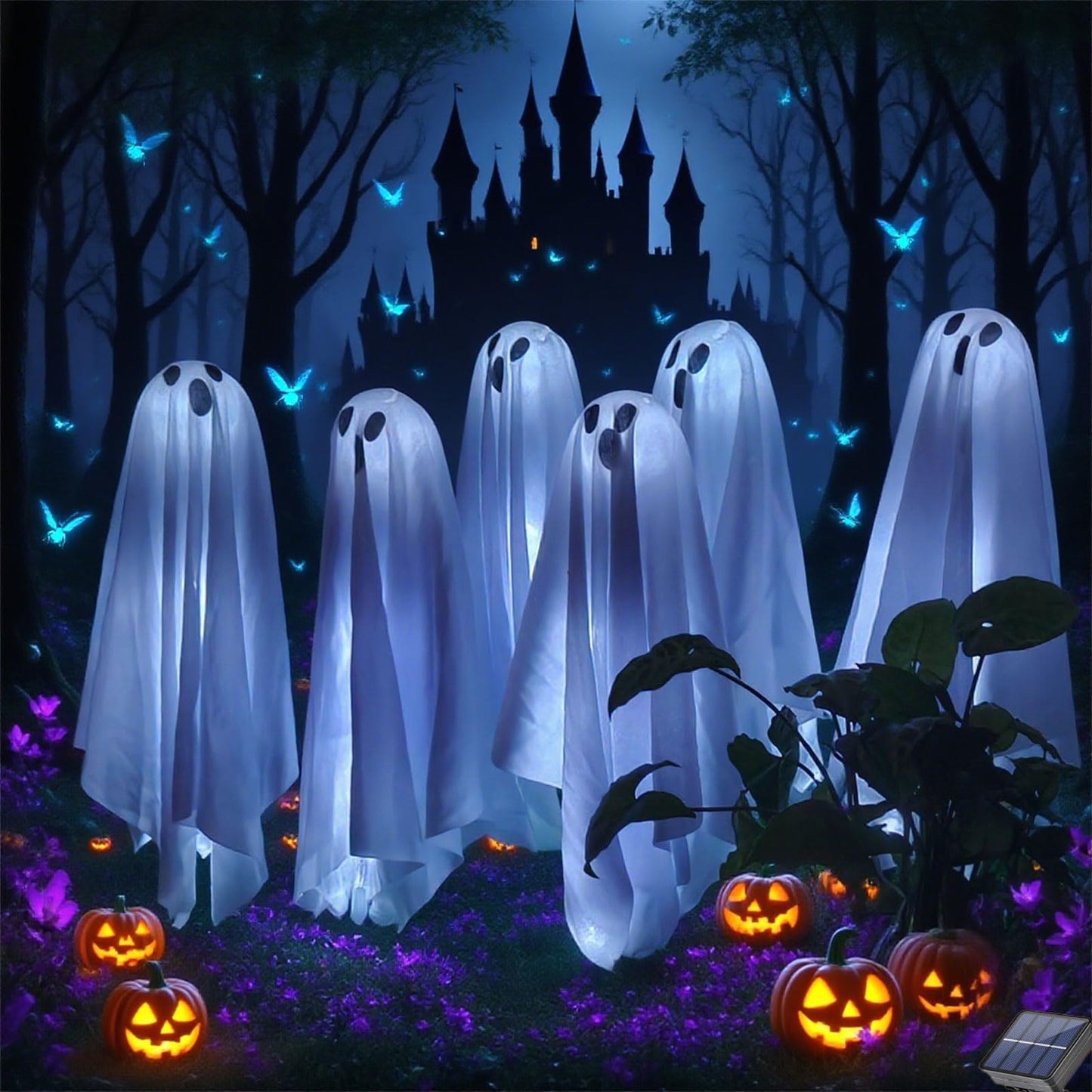 6 in 1 Halloween Decorations Outdoor, Solar Ghost Pathway Lights, Waterproof, LED Light Up Spooky Ghost Decor for Front Door Porch Garden Yard Lawn Patio Halloween Party
