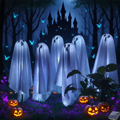 6 in 1 Halloween Decorations Outdoor, Solar Ghost Pathway Lights, Waterproof, LED Light Up Spooky Ghost Decor for Front Door Porch Garden Yard Lawn Patio Halloween Party