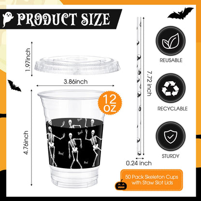meekoo 50 Sets Skeleton Cup with Flat Lids and Straws 12 oz White Black Skeleton Bone Plastic Cups Clear Drink Disposable Cups with Lids for Halloween Decoration Mega Haunted House