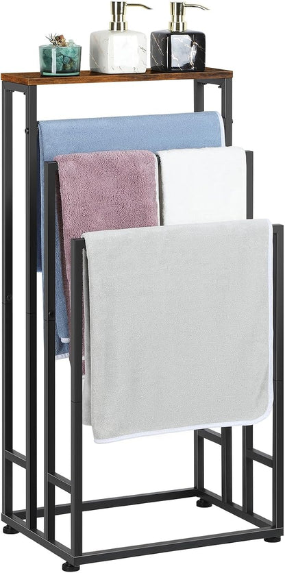 Bathroom Standing Towel Rack 3 Tier Metal Small Towel Holder Stand Farmhouse Blanket Ladder Holder with Storage Shelf for Bedroom Living Room, Black & Brown