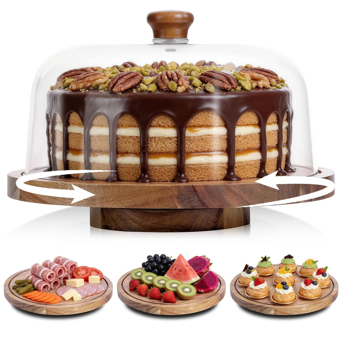 JOCHER Acacia Wood Cake Stand with Lid, 12in Wooden Cake Stand with Acrylic Dome, Cake Display Stand with Acrylic Dome for Baking, Wedding, Kitchen, Birthday, Parties