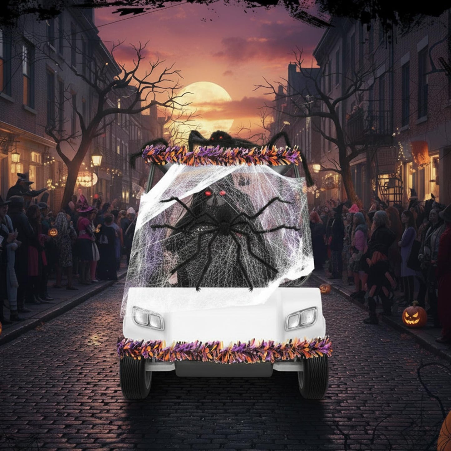 WinnerWhy Halloween Golf Cart Decorations Kit 2 Pcs Giant Spider 4 Pcs Orange Black Purple Garlands with 2 Pack Spider Webs Spooky Golf Cart Decor for Halloween Trunk or Treat Parade