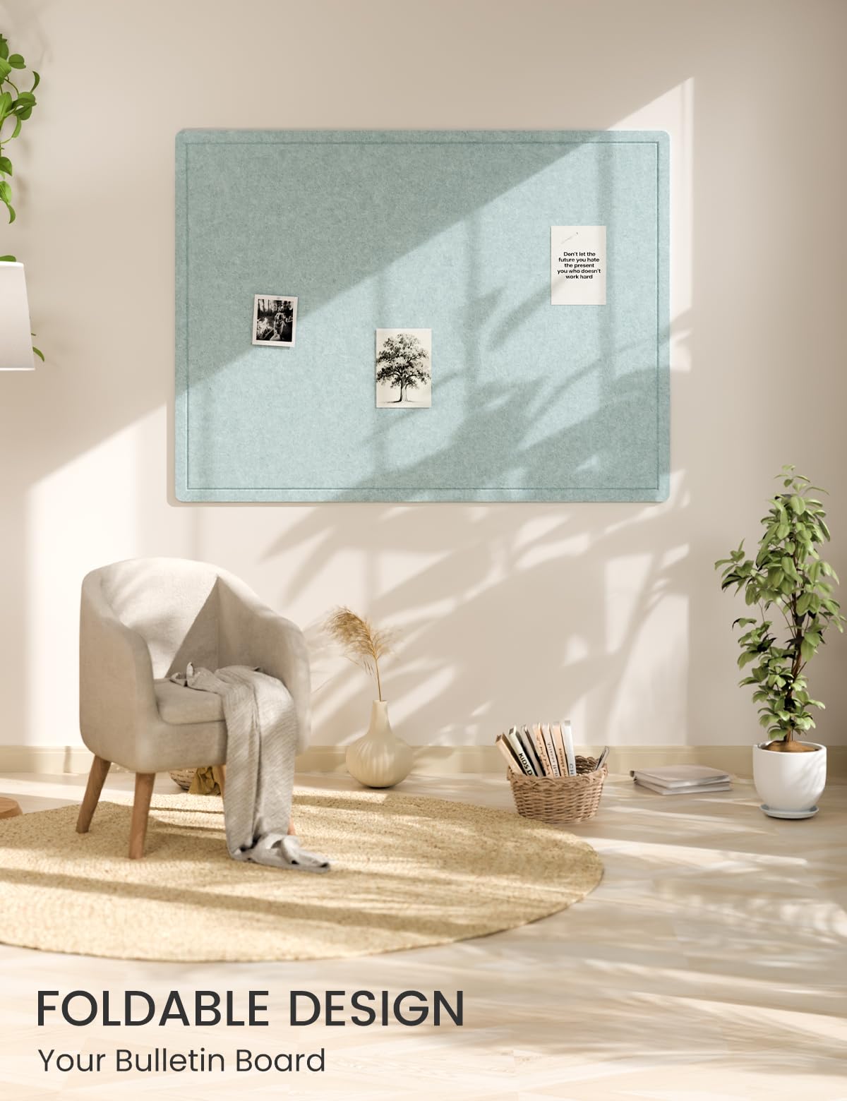 Fluxynara Large Bulletin Board, 47.2" x 35.4" Cork Board Alternative with 24 Safe Removable Adhesive Tabs, Foldable Felt Pin Board for Home Office, Classroom, Bedroom,Entryway for Walls—Aqua Blue
