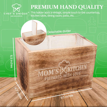 CHEF'S UNIQUE Wooden Utensil Holder For Countertop - Durable Cooking Utensils Holder - large Rustic Countertop Kitchen Décor - Spatula Utensils And Spoons Organizer With Divider