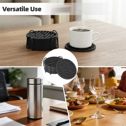 8 Pcs Black Silicone Coasters Set with Storage Holder, 3.9 in Round Modern Groove Pattern Drink Mats, Thick Non-Slip Coasters for Home Office Tabletop Protection