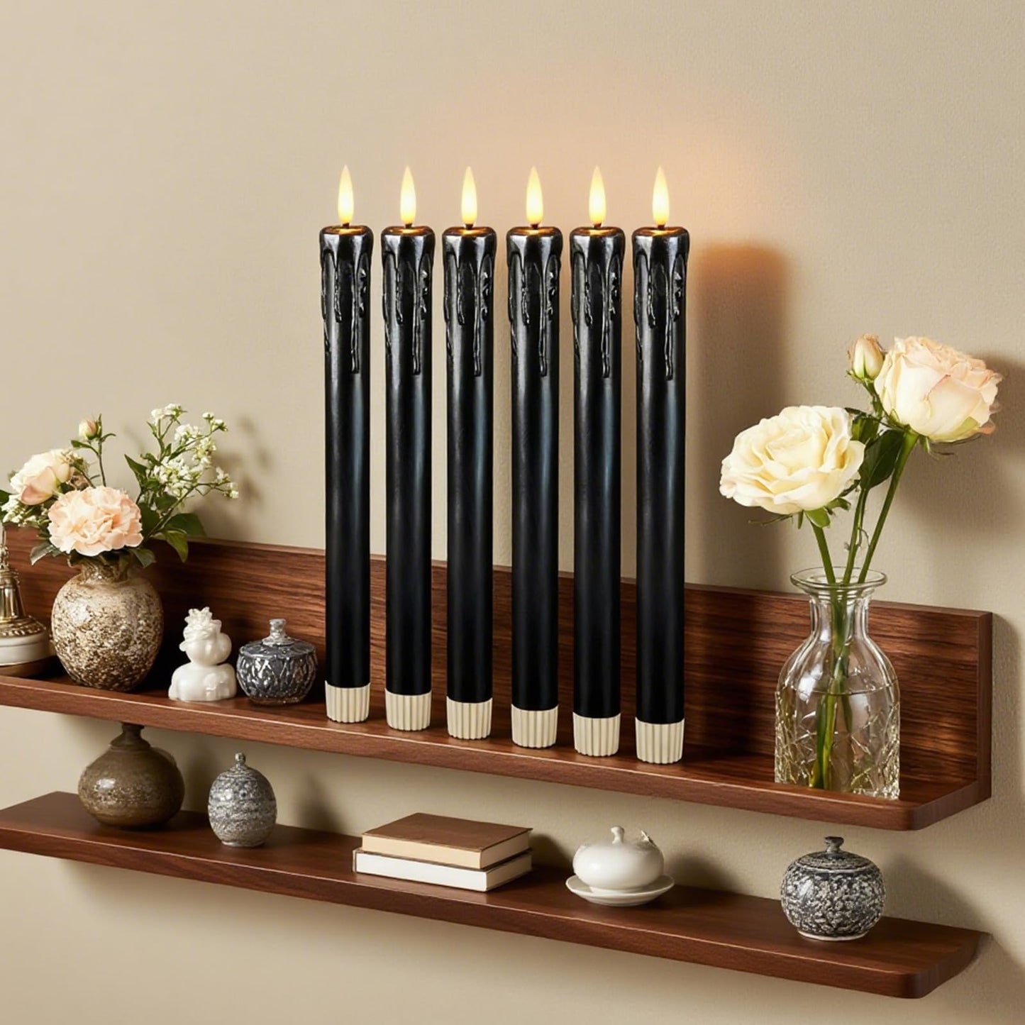 Lezonic Black Flameless Taper Candles Battery Operated with Remote, Long LED Candlesticks Flickering Real Wax Set of 6, 9.5 inch Battery Candles with Realistic 3D Flame for Halloween