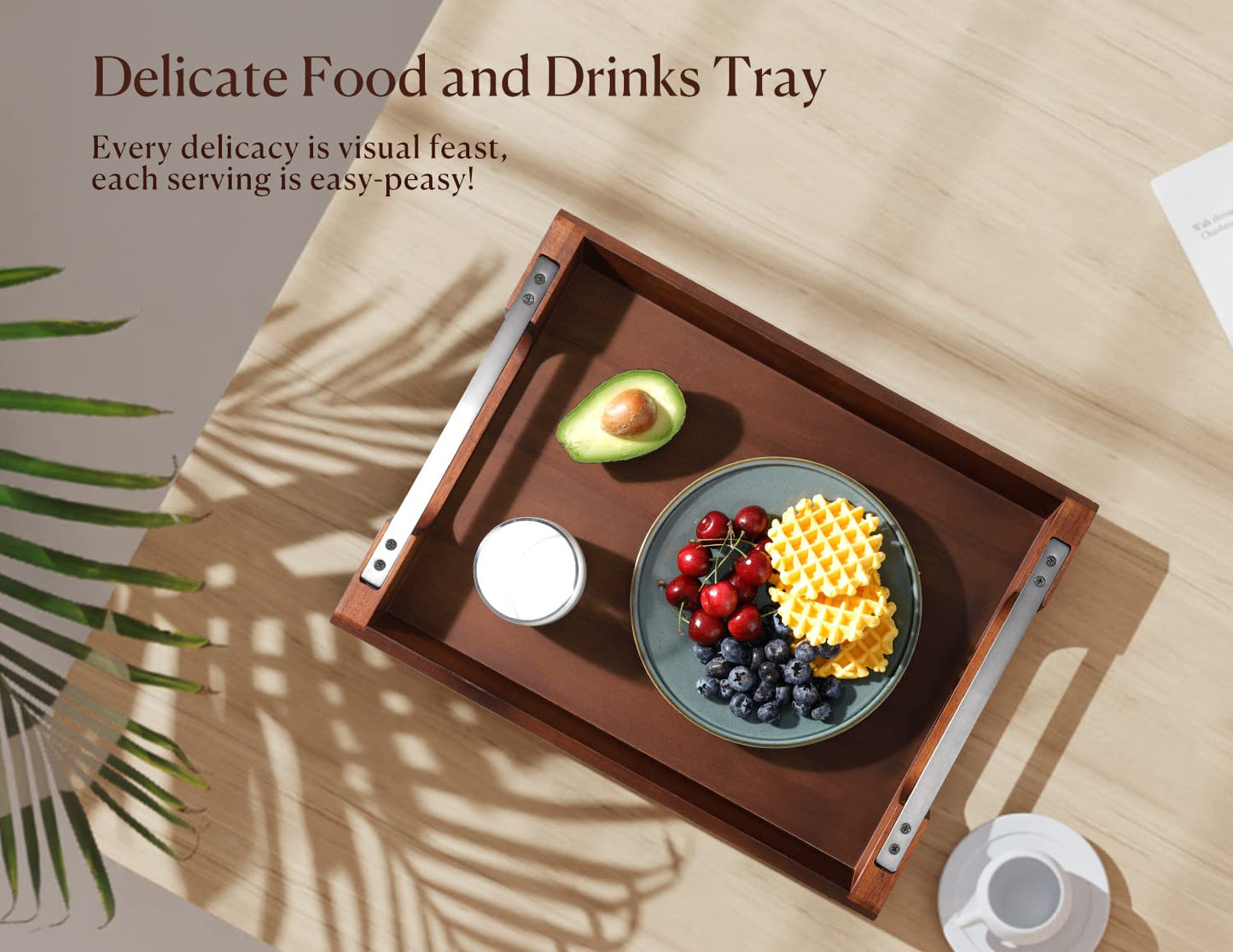 Dofira Acacia Wood Serving Tray with Metal Handles, 17x13in Food Drinks Tray for Coffee Table, Breakfast, Dinner & Bar, Rustic Decorative Storage Tray for Ottoman, Kitchen, Elegent Gift for Father