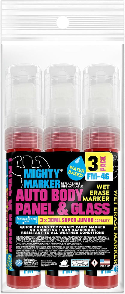 FM-46 Auto Body and Glass Super Jumbo Paint Marker, No-Ghost Formula, Water-Resistant, Valve Action, Removable, Water-Based, 30ml Capacity, Made in USA, Red 3 Pack