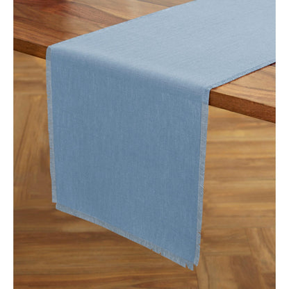 Solino Home Linen Dusty Chambray Blue Table Runner 108 Inches Long - Fringe, 100% Pure Linen 14 x 108 Inch Table Runner for Summer