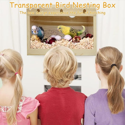 PINVNBY Large Natural Wood Parakeet Nesting Box Budgie Breeding Box Acrylic Bird Nest for Cage Transparent Panoramic for Birds, Parrots, Cockatiels, Lovebirds, Canaries (L: 11.8 x 5.7 x 5.9 inch)