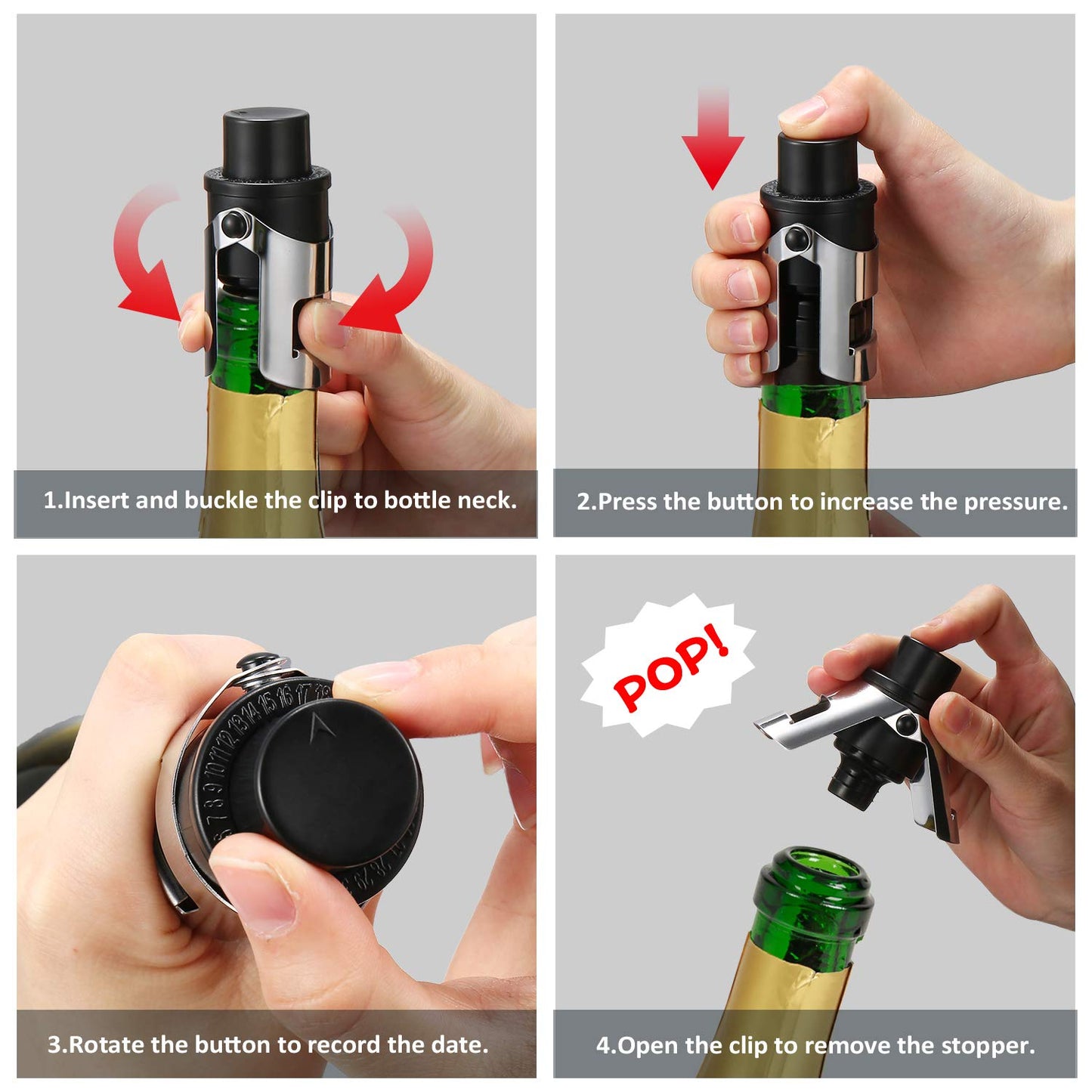 HYZ 2-Pack Champagne Stoppers with Built-in Vacuum Pump, Black