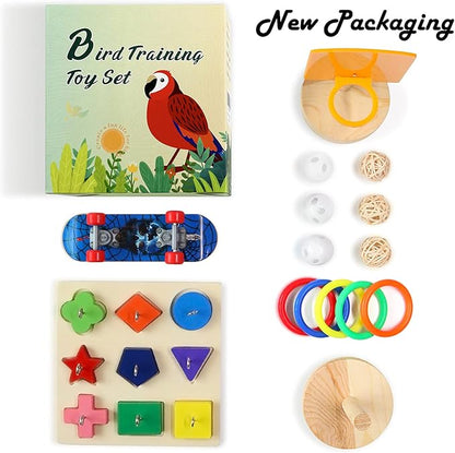 Bird Toys,Parrot Training Toys for Lovebird,Five-Types Parakeet Toys Sets for Conure, Cockatiel,12 PCS Parrot Intelligence Toy,Basketball Hoop,Skateboard,Stacking Toys,Wooden Block Bird Puzzles Toy