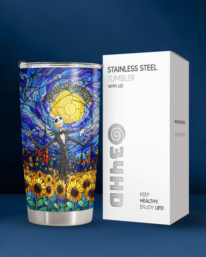 34HD Jack Skeleton Starry Nightmare Painting Tumbler 20oz Stainless Steel Insulated Travel Mug Sunflower Stained Glass Art Coffee Cup Movie Fan Gifts for Men Women Birthday