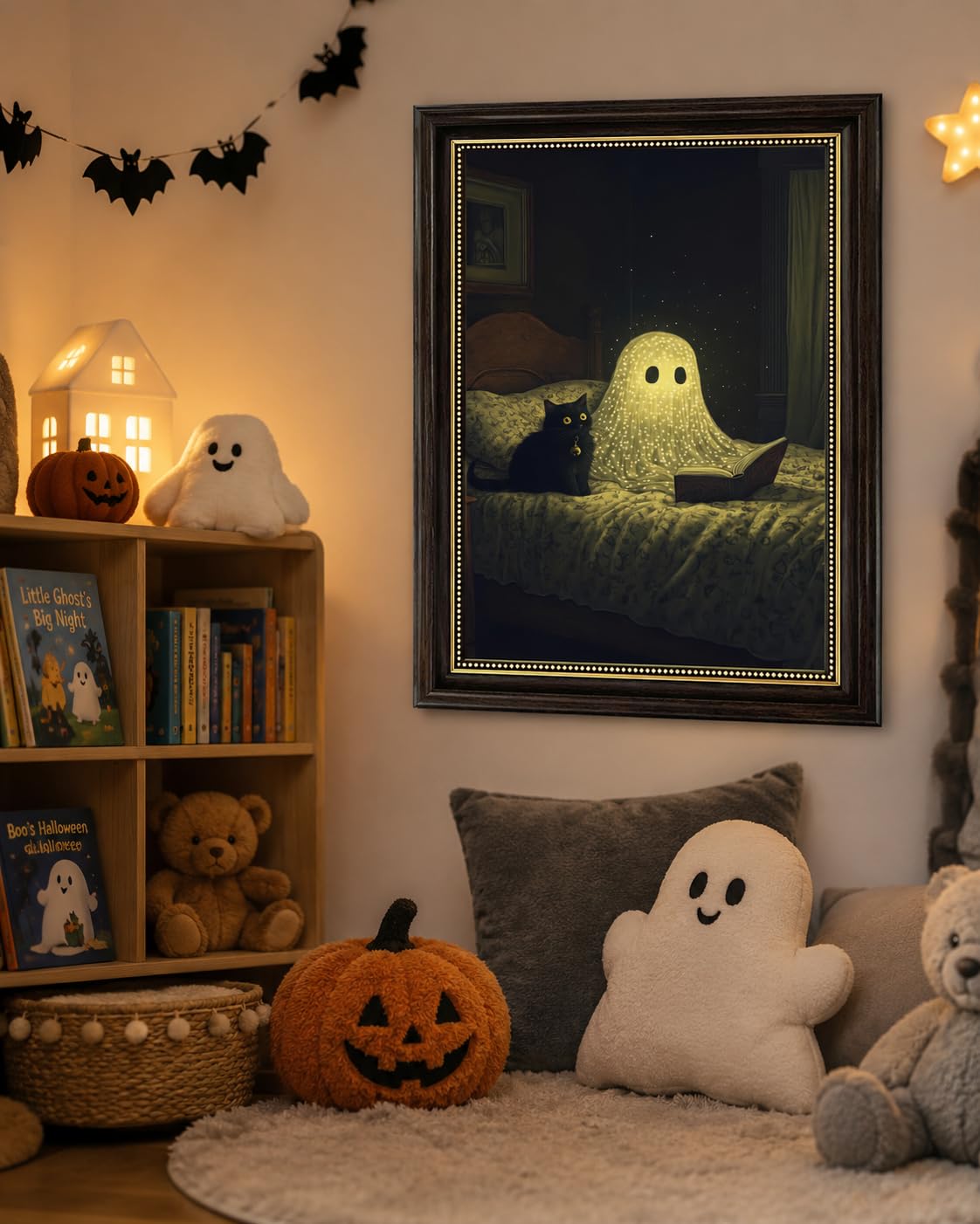Ghost and Black Cat Wall Art 9x11, Dark Brown Framed Canvas Print, Cute Spooky Reading Ghost Picture, Halloween Bedroom Decor for Cat Lovers