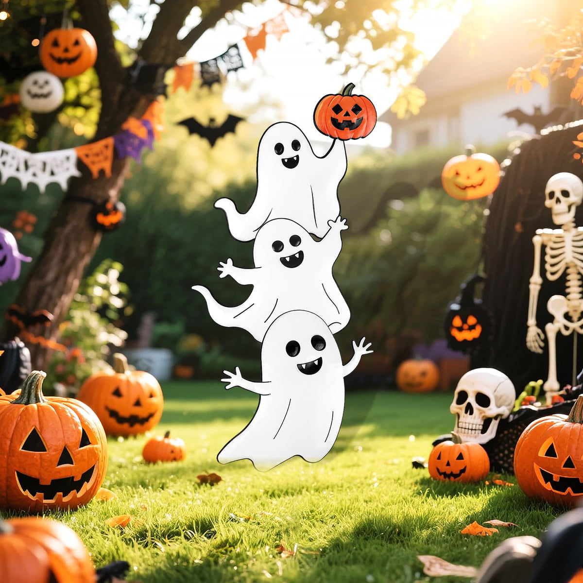 TaoQ C Halloween Ghost Yard Signs Metal Ghost Yard Sign with Pumpkin Halloween Metal Garden Stakes for Outdoor Garden Lawn Patio Pathway Horror Party Decorations