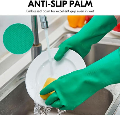 Vgo... 3-Pairs Reusable Household Gloves, Rubber Dishwashing gloves, Extra Thickness, Long Sleeves, Kitchen Cleaning, Working, Painting, Gardening, Pet Care (Size S, Green, HH4601)
