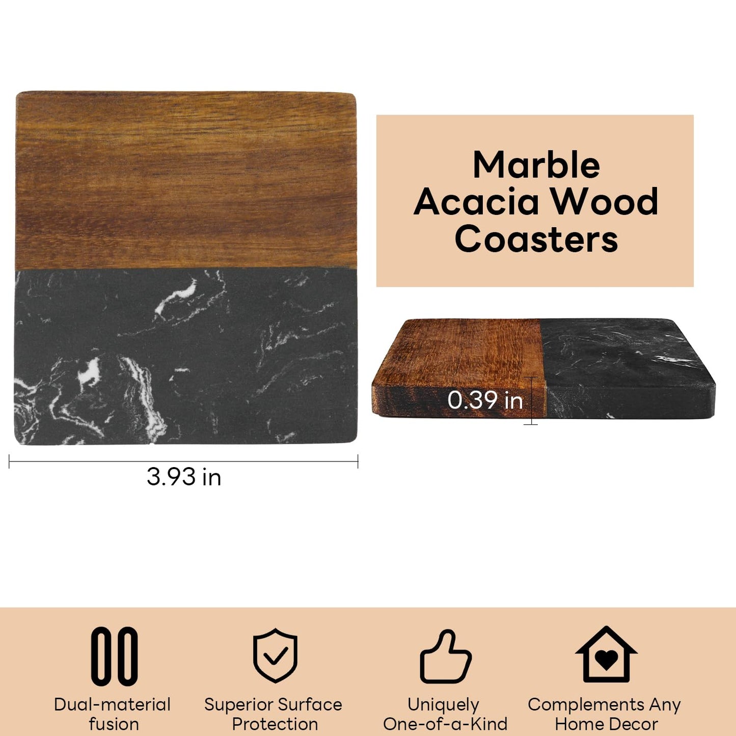 Marble Coasters: 4-Piece Set of Acacia Wood Marble Coasters, Suitable for Kitchens and Offices, can be Used as Gifts (Black Square)