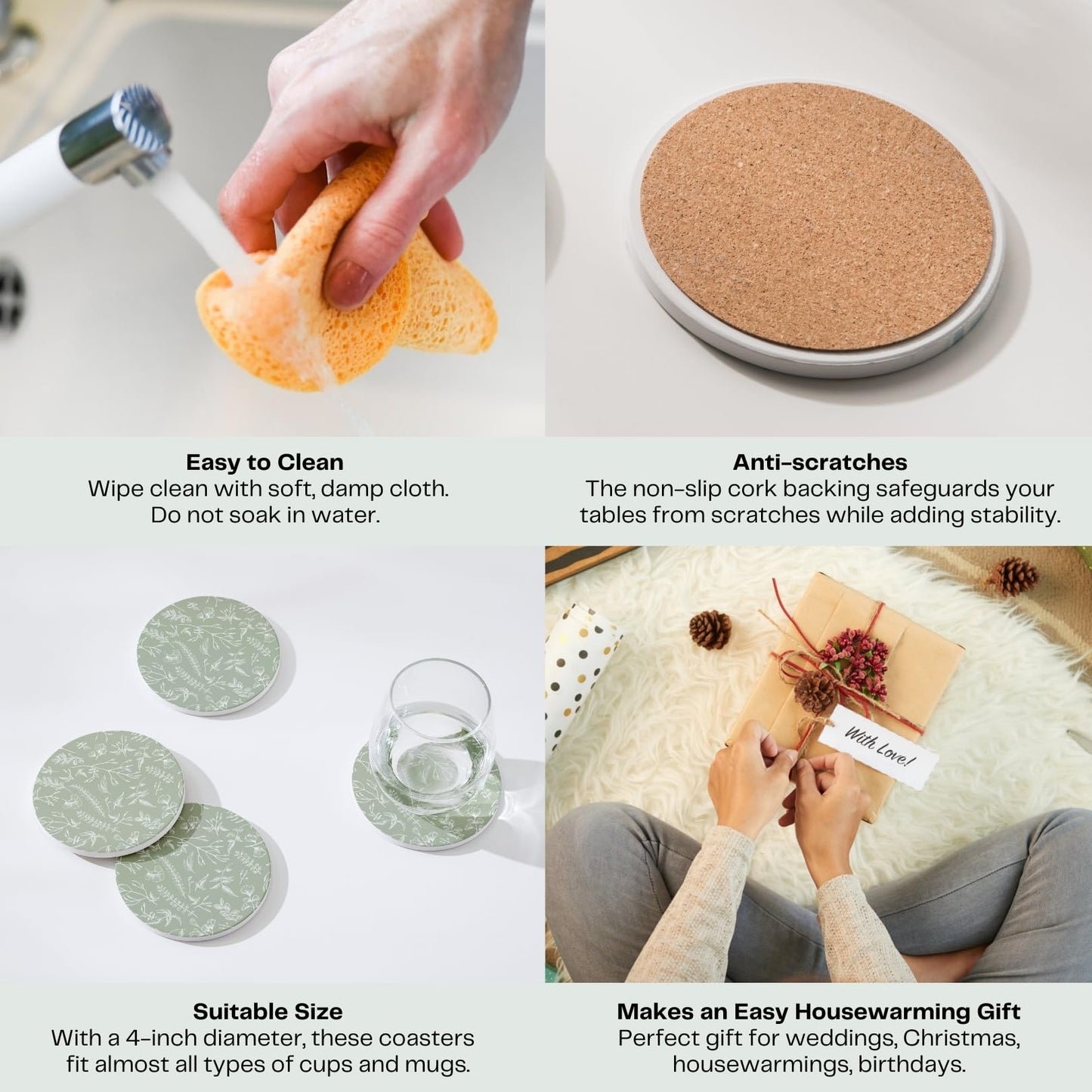 Hoomey Set of 6 Floral Sage Green Coasters with Holder, Absorbent Ceramic Drink Coasters with Cork Backing for Table Protection, Coffee Table Décor