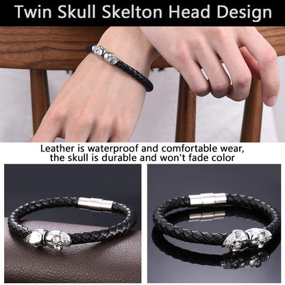 U7 Personalized Skull Bracelets Men Biker Surfer Bracelet Bangle with Stainless Steel Clasp, Braided Black Leather Gothic Twin Skeleton Cuff Bracelet (8.3")