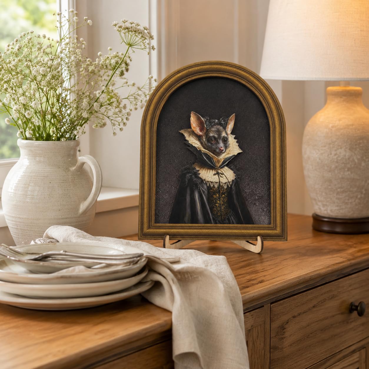 3D Gothic Bat Table Decor Painting, Dark Academia Victorian Vampire Animal Portrait Wooden Wall Art for Home Bar Desk Shelf, 8x10 Inch