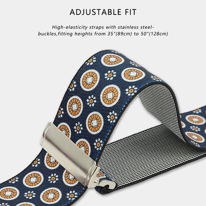 LEHOMU Men Button Suspenders Adjustable,1.4 Inch Wide Heavy Duty Y-Back Elastic Tuxedo Elastic Mens Suspenders with Leather Buttons End,Dark Blue and Golden Circle Pattern