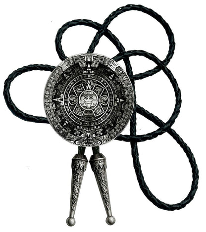 Moranse Bolo tie With Pewter Aztec Calendar Circle Design Cowboy Two Colors (Silver)
