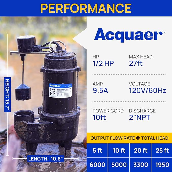 Acquaer Sewage Pump, Cast Iron, Automatic Tethered Float Switch, Sewage Effluent Pump for Sump Basin, Basement, Residential Sewage, 2'' NPT Discharge, Deep Black