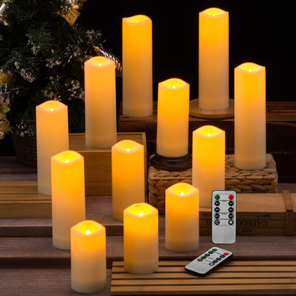 Enpornk Waterproof Flickering Flameless Candles, Set of 12 Battery Operated Candles (D2.2'' x H4''5''6''7"), Outdoor Indoor Candles with 10-Key Timer Remote, Long Lasting