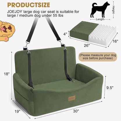 JOEJOY Dog Car Seat for Large Medium Sized Dogs Under 55 lbs, Dog Booster Seat for 2 Small Dogs with Detachable Washable Cover, Memory Foam Pet Car Seat with 2 Safety Belts and Storage Pockets