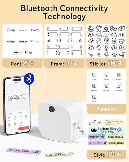 Phomemo Label Maker Machine with Tape, P12 Bluetooth Small Label Maker with Multiple Templates Thermal Transfer Ribbon Printer Machine for Home, School, Gift Wrapping, Office, White